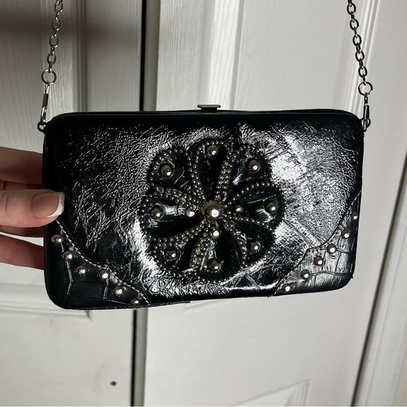 Handbags - Vintage Black Embellished Wallet-on-Chain Purse with Studded Floral Design